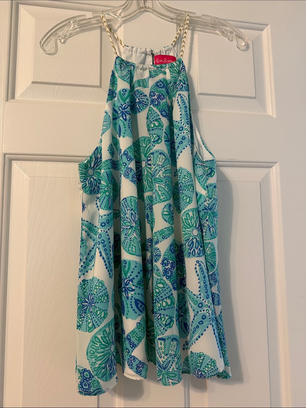 Lilly Pulitzer Aqua & Blue Shell-Print Halter Tank with Gold Chain Straps